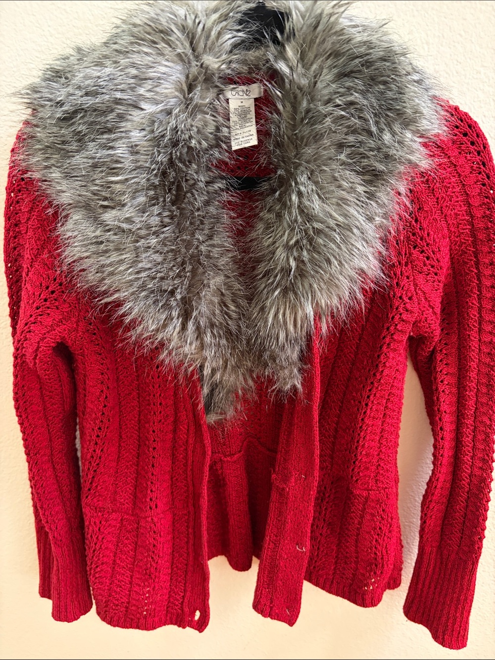 Cache Red Knit Cardigan with Removable Faux Fur Collar